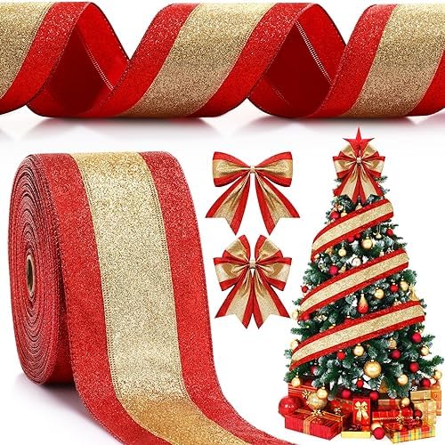 Amazon.com: Craftsatin Christmas Glitter Wired Ribbon 4 Inch Wide ...