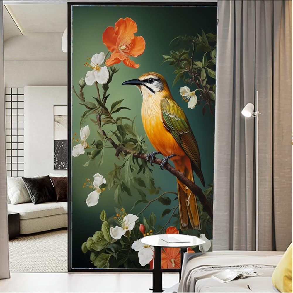Flower Branch Bird Stained Glass Window Film Rustic Retro Animal Window Privacy Film Self-Adhesive Glass Film Decorative Sticker Frosted Film for Home Office 35.4Wx55.1L inch