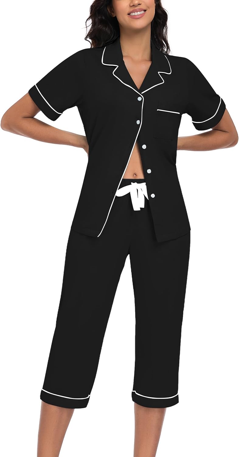 EA'S SECRET Cotton Pajamas for Women Pjs Capri Pajama Sleepwear Button Down Short Sleeve Loungewear Set Sleepwear For Women