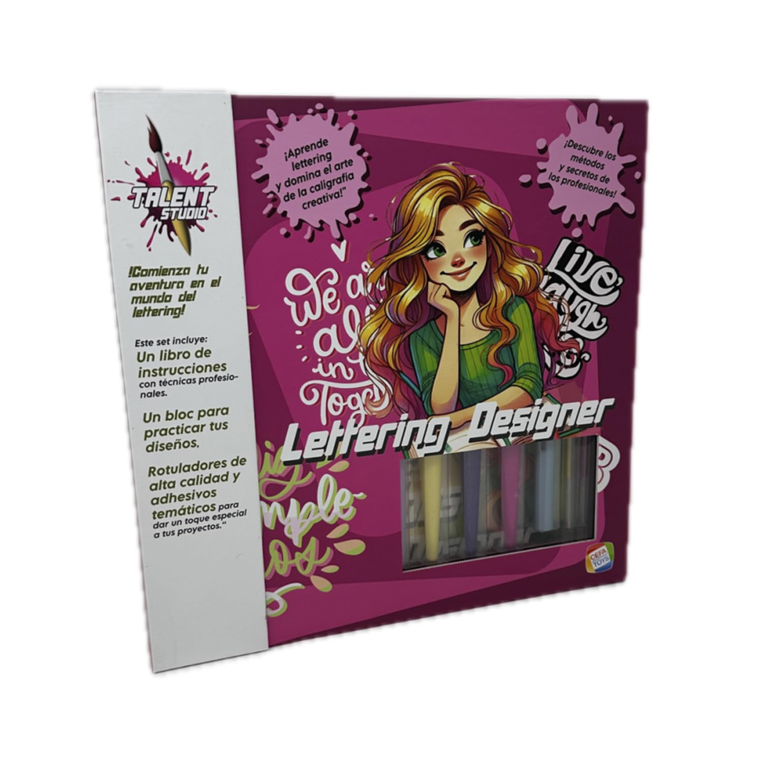 Cefa Toys - Talent Studio Lettering Designer - Set de Caligrafía Creativa - Kit con Libro de Técnicas, Rotuladores Punta Pincel y Fina, Plantillas y Pegatinas - Manualidades Educativas 8+ Años