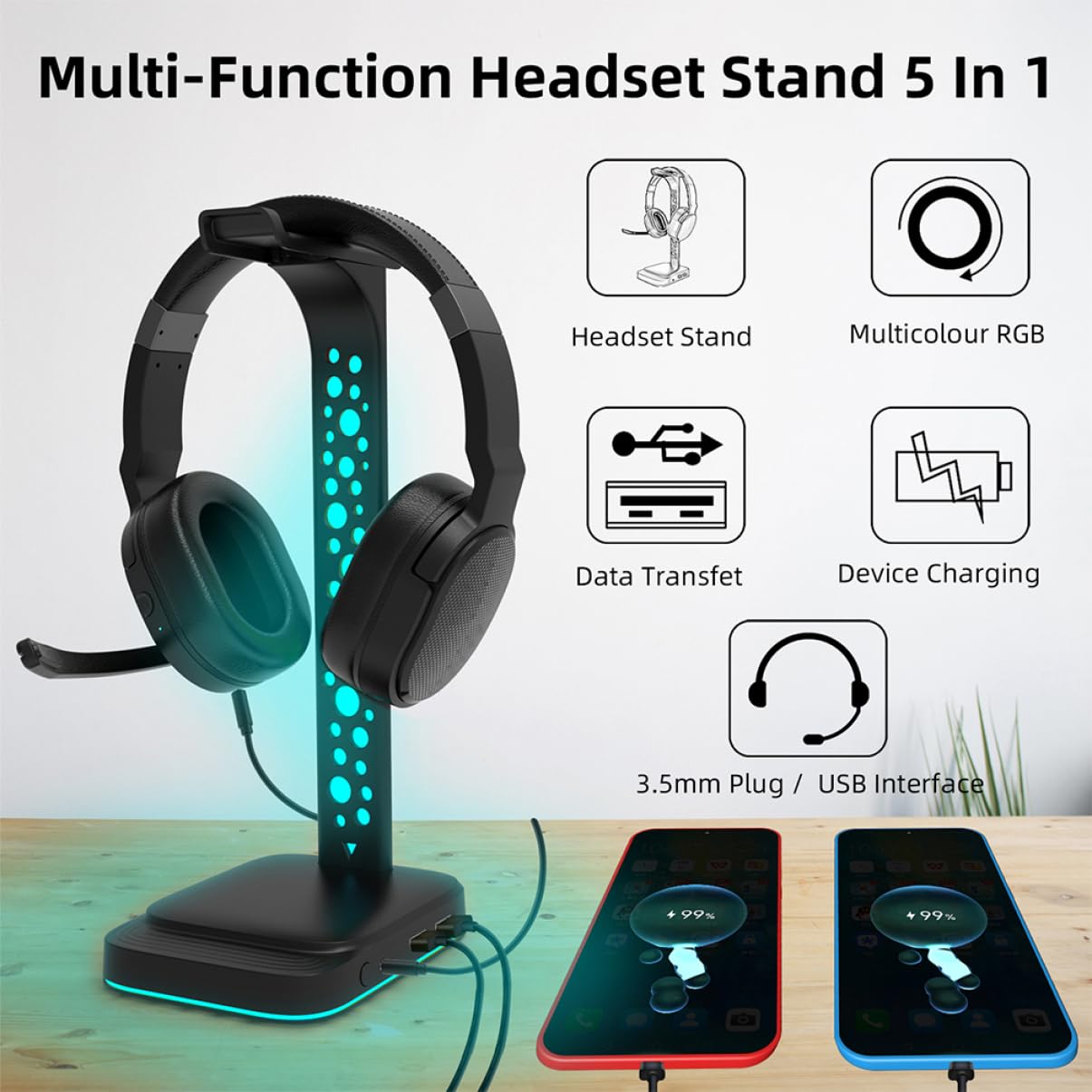 Mikinona Soporte para Auriculares para Escritorio con Luces RGB Ajustables y Concentrador USB, Diseño ABS Compacto para Gaming y Oficina