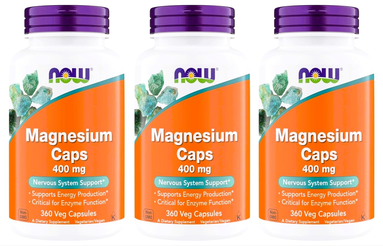 NOW Foods Supplements, Magnesium 400 mg, Supports Energy Production, Enzyme Function, Nervous System Support, 360 Veg Capsules (360 Count (Pack of 3))