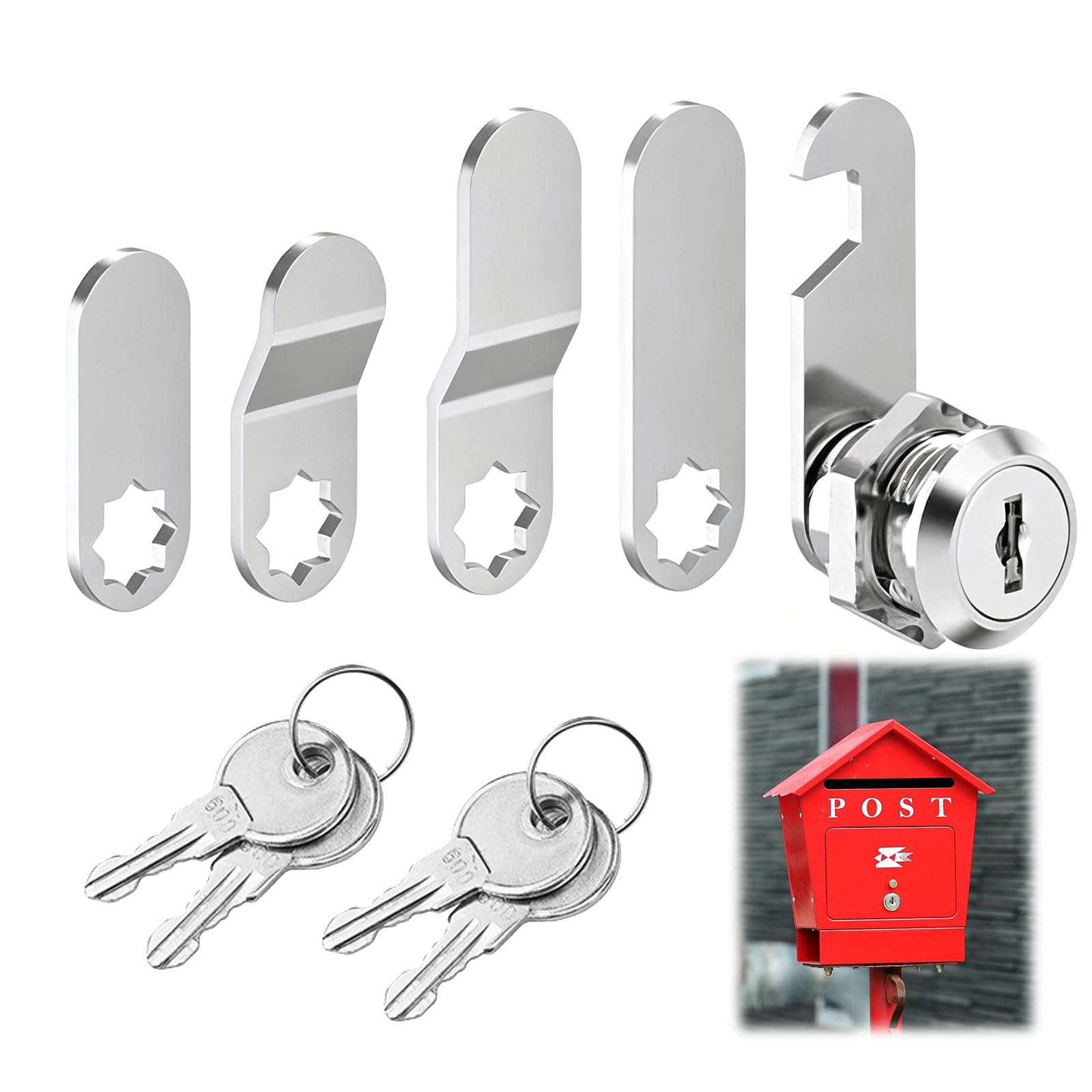 Ceoxthao Silvery 4-Keys Letterbox Lock Plate - Durable 16Mm And 18Mm Cam Lock For Drawers & Cabinets - Secure Zinc Alloy Lever, Replacement Locks For A Post Box, Security Mailbox Locks, With 4 Unique Keys