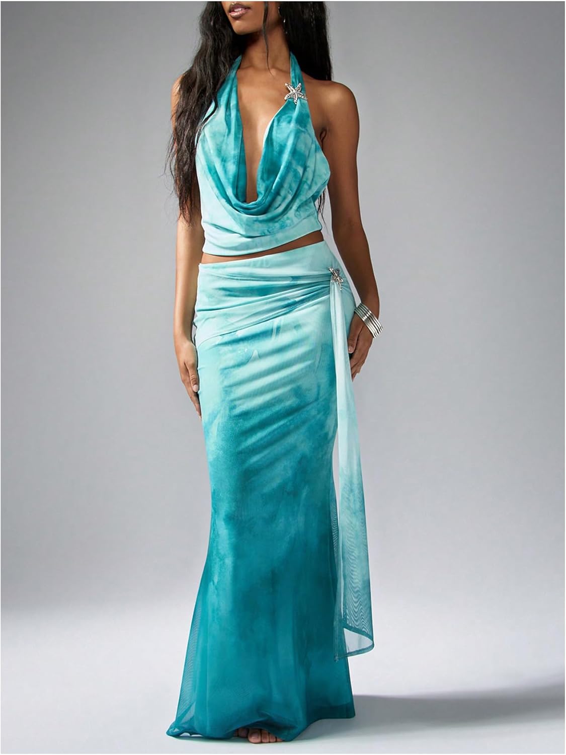 SHENHE Women's High Waisted Mesh Maxi Skirt Bodycon Elegant Going Out Long Fishtail Skirt