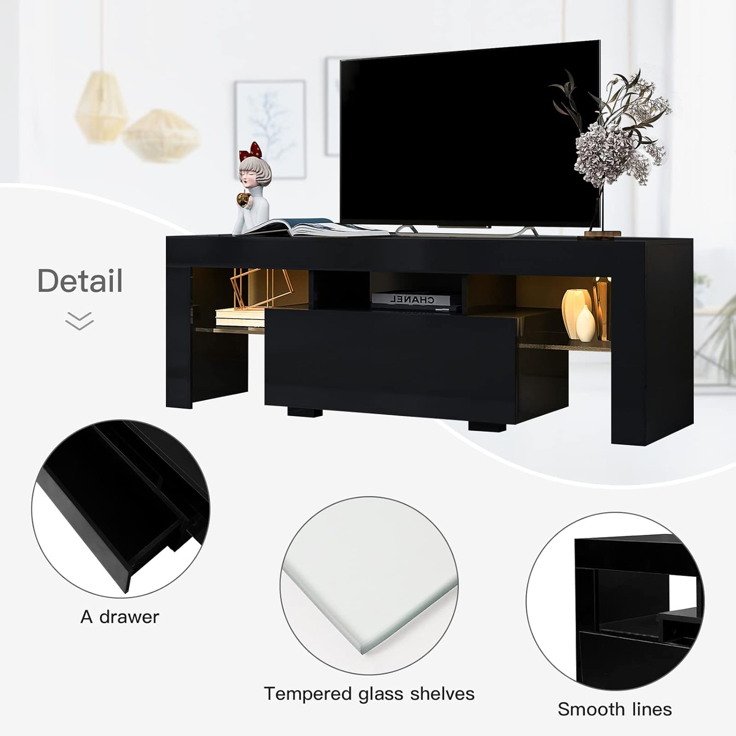 Black LED TV Stand Modern Entertainment Center for 65 Inch TV Wood TV Cabinet with Led Lights Television Stands with Storage Drawers for Living Room Bedroom Office