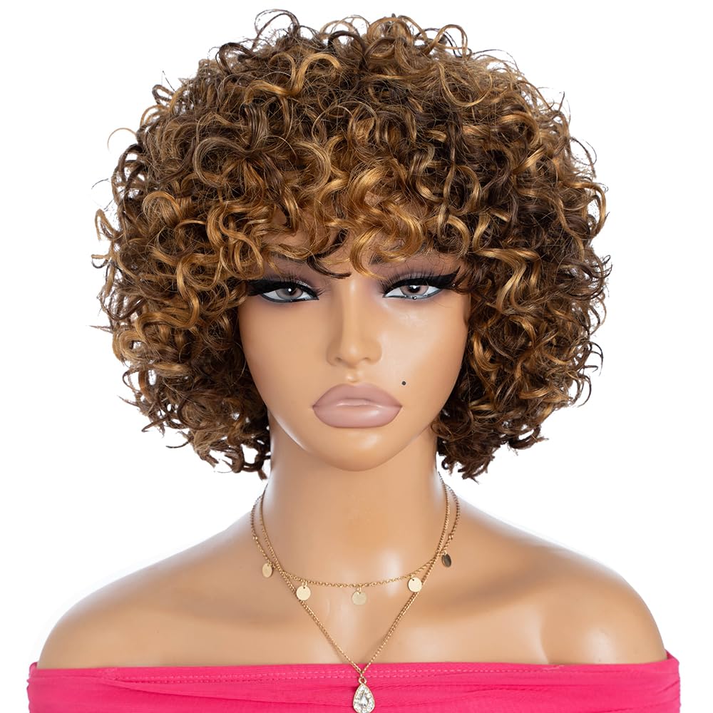 Rebecca Fashion 8" Highlight Brown Curly Wigs for Black Women Human Hair Short Curly Wigs with Bangs 10A Brazilian Virgin Human Hair 150% Density Wear and Go Glueless Wigs