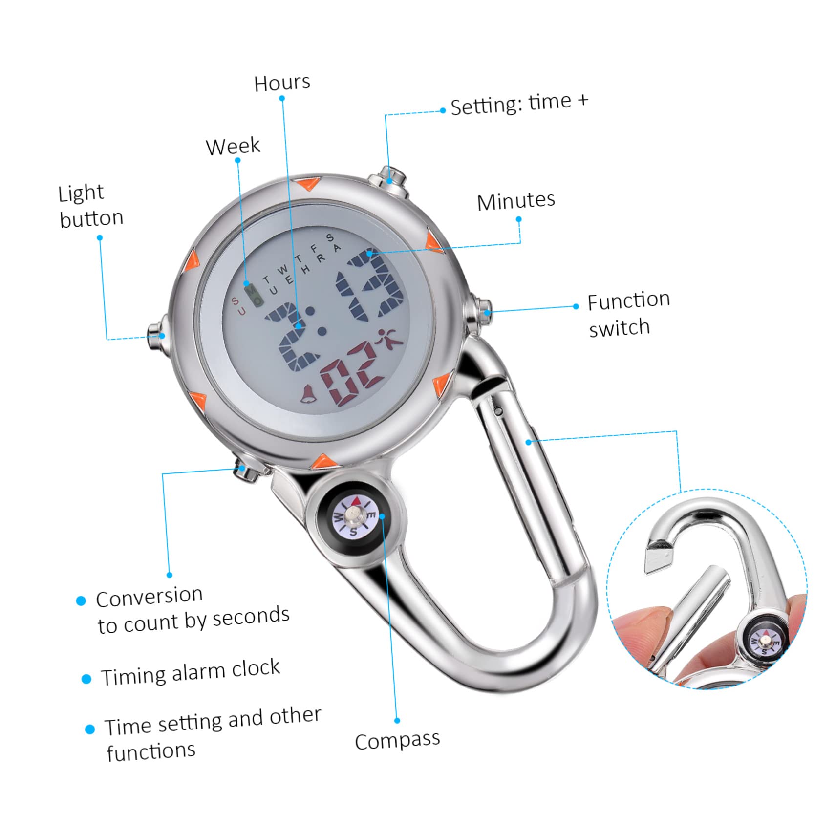 LIFKOME 2stücke Pack Digitale Taschenuhr Mit Karabinerclip Leuchtend Für Krankenschwestern Outdoor Bergsteigen Camping Kompass Stiftdesign Rostfrei Leicht Tragbar Für Einsatz