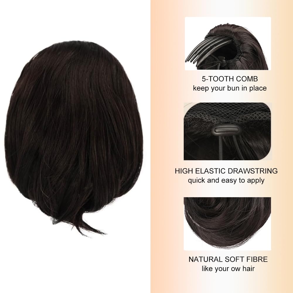 PORSMEER Dark Brown Hair Bun Ponytail Extension,Short Straight Synthetic Hairpiece Drawstring Ponytail Bun Extensions with Comb Clip in Fake Pony Tails Hairpieces for Women Daily Party - Image 3