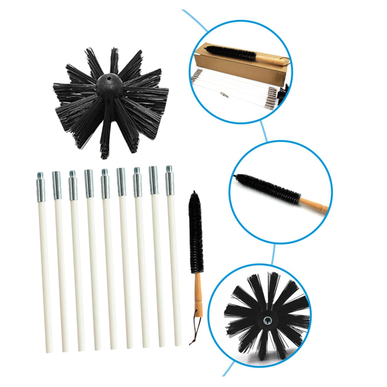 Nylon Kaminreinigungsbürste mit Langem Griff und Rohrstange | 1 Satz mit 9 Stangen, Schwarz, Eisen und Nylon, für Schornsteine und Trocknerkanäle
