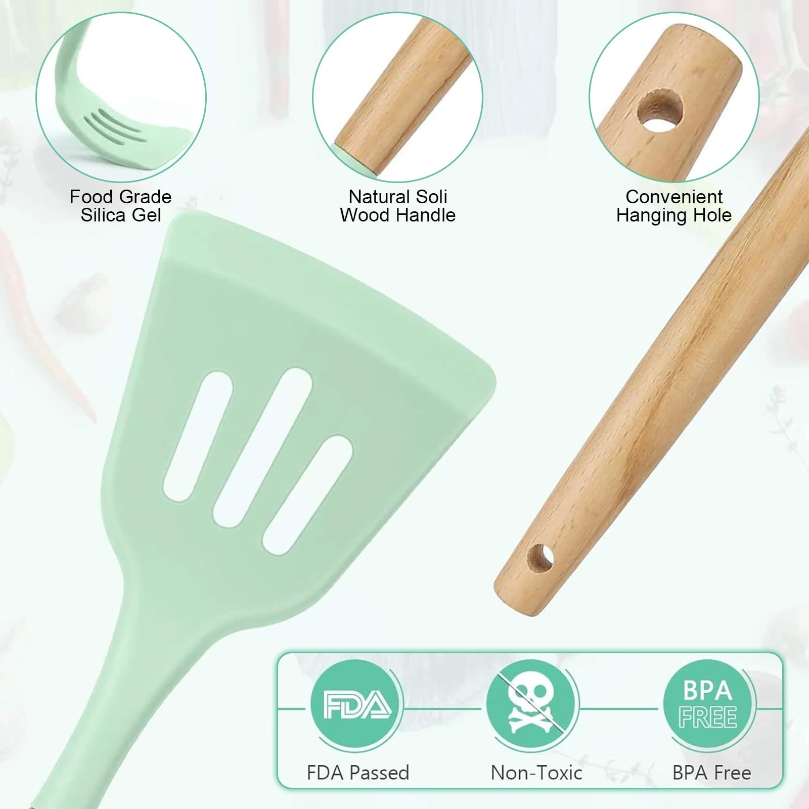 Küchenhelfer-Set, Silikon-Kochutensilien-Set mit Holzgriff, hitzebeständig, antihaftbeschichtet, BPA-frei, spülmaschinenfest, 12-teilig