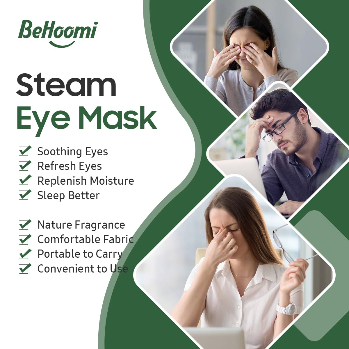 BeHoomi Steam Eye Mask, 10 Packs Heated Eye Mask, Self Heating Disposable SPA Warm Compress for Eyes Sleep Mask, Travel Essentials & Relaxation Gifts, Stocking Stuffers (Tea Tree Scent)
