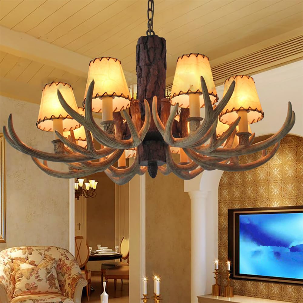 SXECAEPS Modern creative chandelier American Retro Deer Antler Luxury Creative Living Room Restaurant Bedroom Clothing Store Cafe Bar Log Cabin Pendant Light (C 8 Lights)