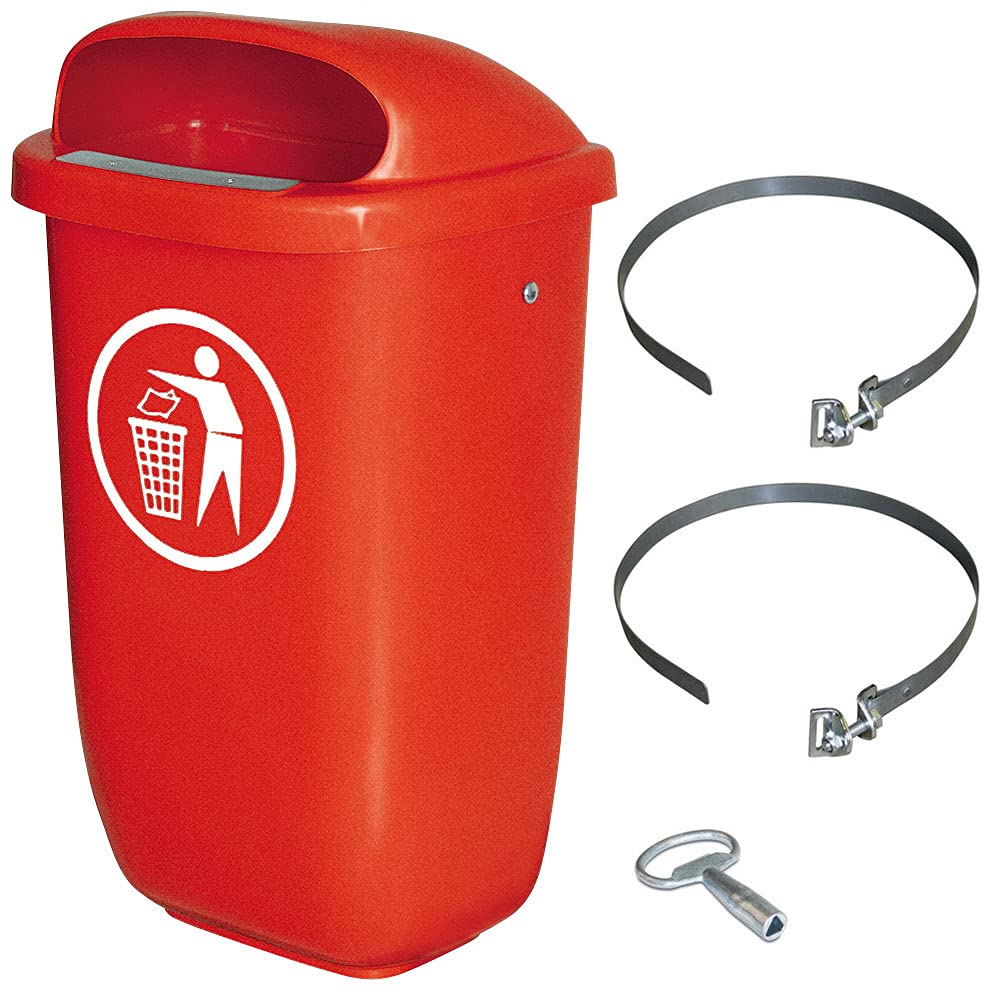 Contenedor de basura para exteriores, Papelera con Tapa, contenido 50 litros, según DIN 30713 en juego completo con abrazadera para fijación de poste.