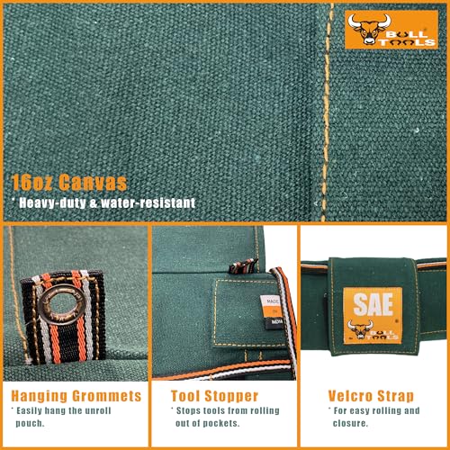 Image of BULL TOOLS SAE Ratcheting Wrench Roll Organiser SAE, 17+1 SAE Roll, with Zip Pouch, Made from Durable Recycled Cotton Canvas for Mechanics, DIYers, Home - Olive Green - (Tools are not Included)