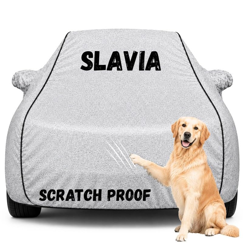 Image of Pure Fabric Silver 100% Waterproof Slavia Car Cover | Polyester Car Body Cover for Rain & Sun | UV Protection, Dustproof, Scratch Resistant, Windproof, Heat Resistant, Custom Fit
