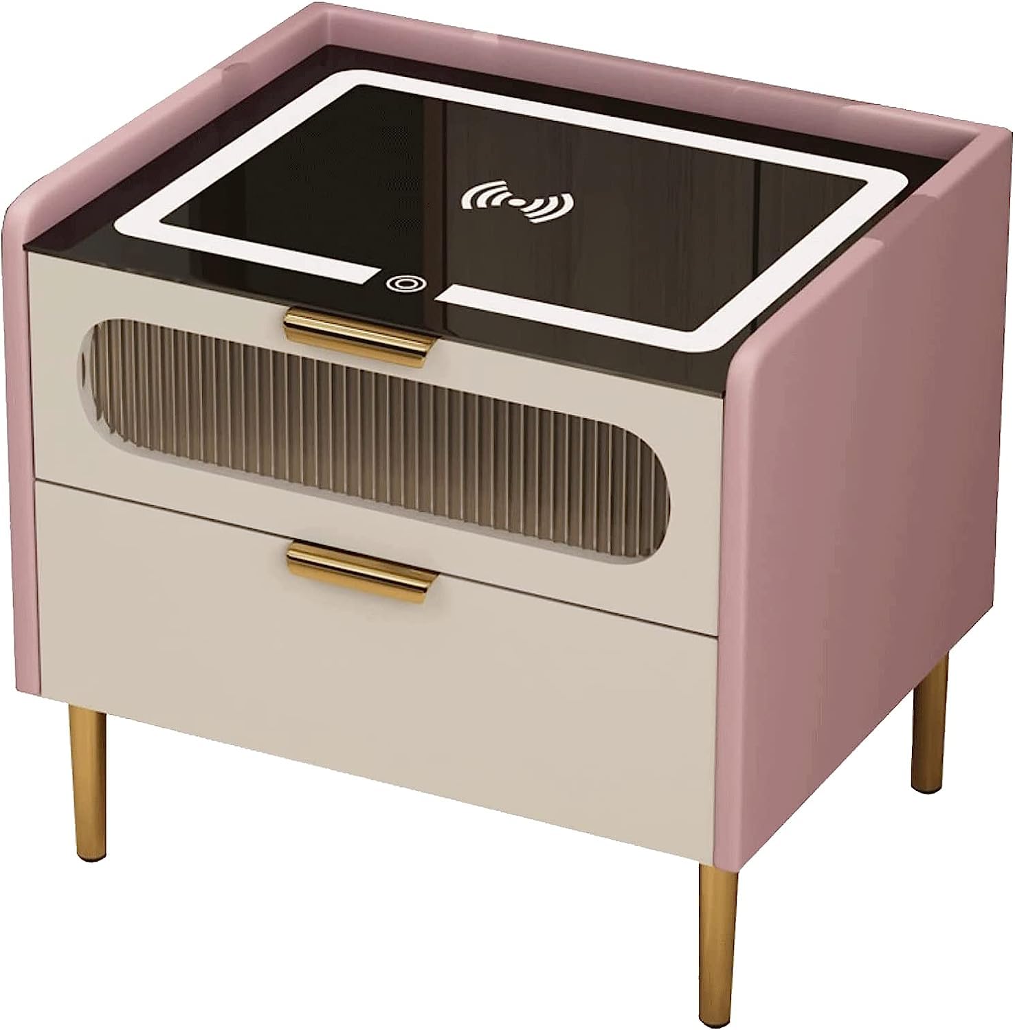BHGFYXBS Simple Nightstand Smart Nightstand Wireless Charging Station End Table 2 Drawers Bedside Table Wood 3-Color Led Leather Vision,Grey-40 * 40 * 52Cm,Pink-40 * 40 * 52Cm,Pink-40 * 40 * 52cm