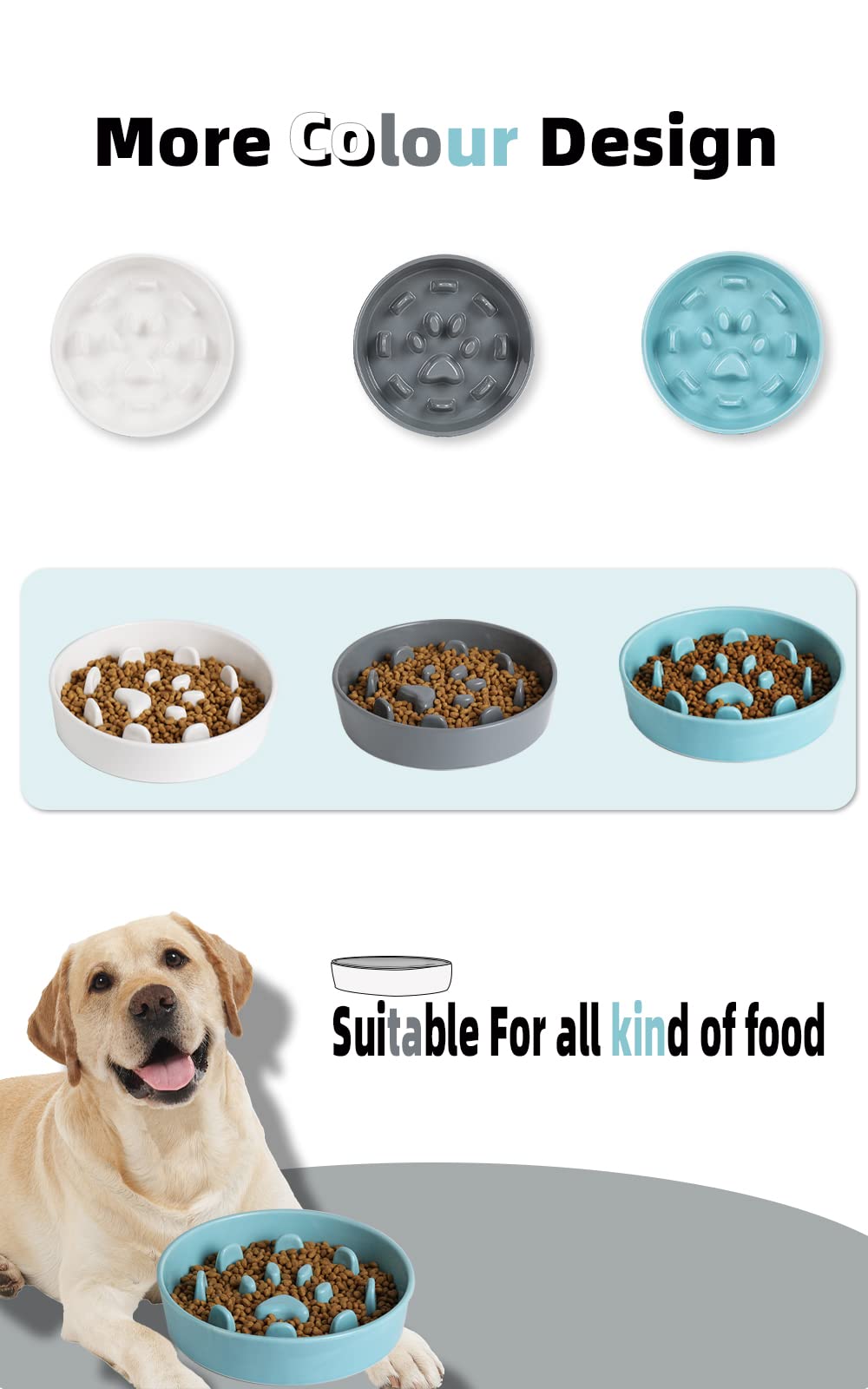 Cuenco de alimentación lenta para perros, cuenco de cerámica divertido para raza pequeña y mediana (turquesa)