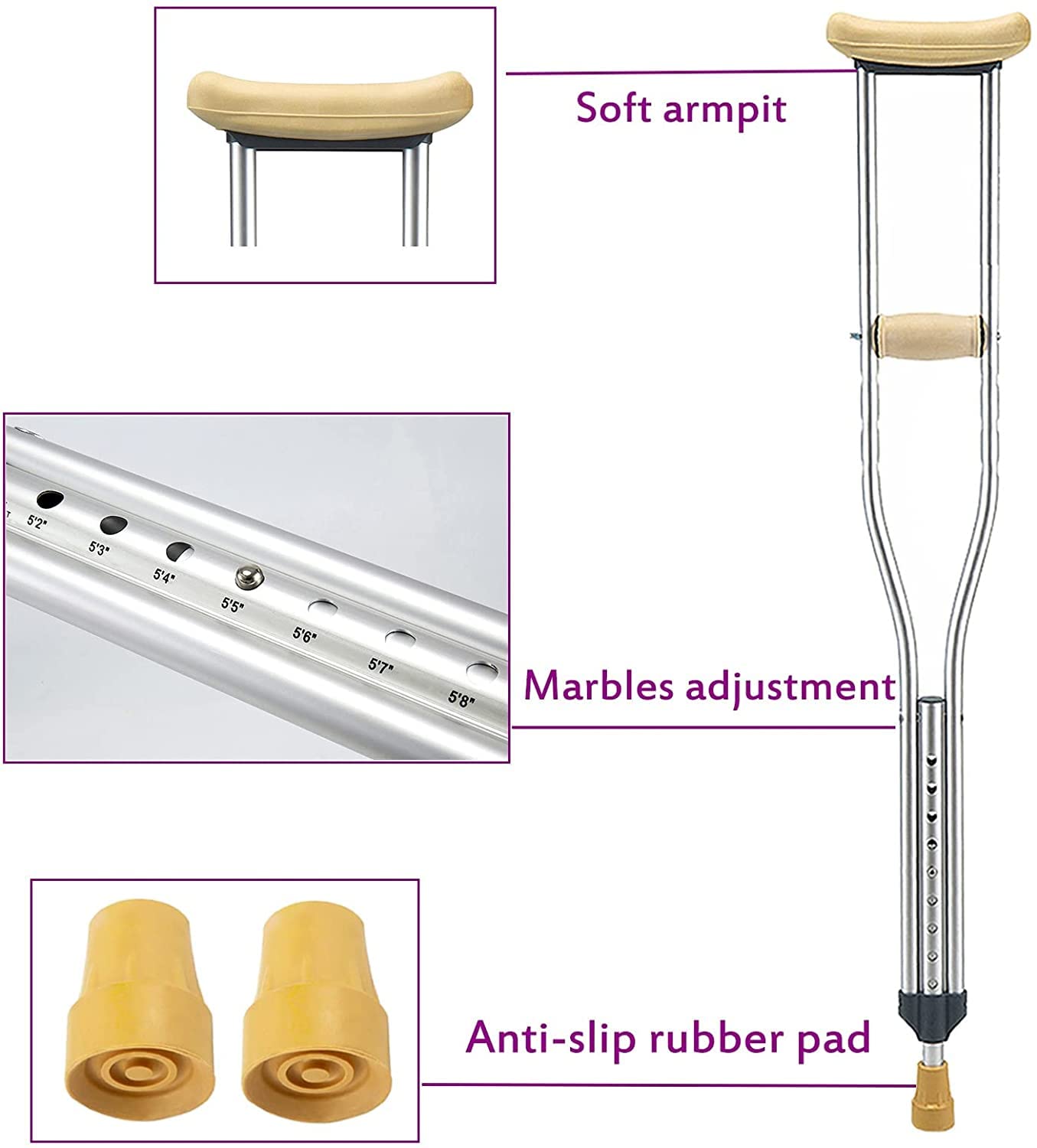 1 par de muletas médicas de Aluminio, muletas de Asistencia, 9 Niveles de Altura, muletas Ajustables para Adultos, Capacidad de Peso de 200 Libras