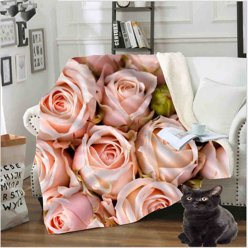 Red Rose Flower Bedding Flannel Blanket Sherpa Thin Quilt Blanke Plush Warm Room Decor Sofa Chair Cover