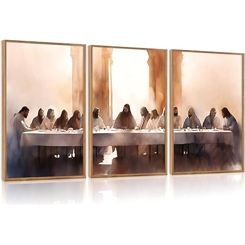 Aurlan Jesus Last Supper Bible Story Wall Art(16"x24"), 3PCS Boho Christ Christian Easter Gifts Canvas Artwork, Neutral Spiritual Religious Faith Decor Prints for Office Home