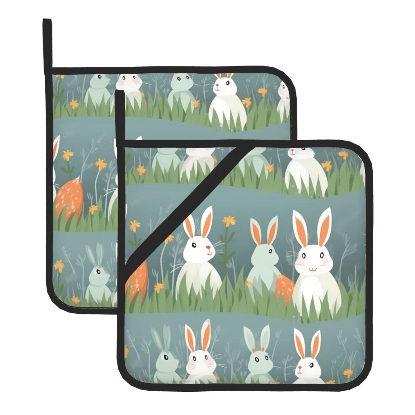 HJFCZH Rabbits On Grass Printed Square Insulated Pot Mat Set (2-Piece) 8x8in Waterproof, Thickened & Easy to Clean with Lanyard Design for Kitchen, Oven & BBQ
