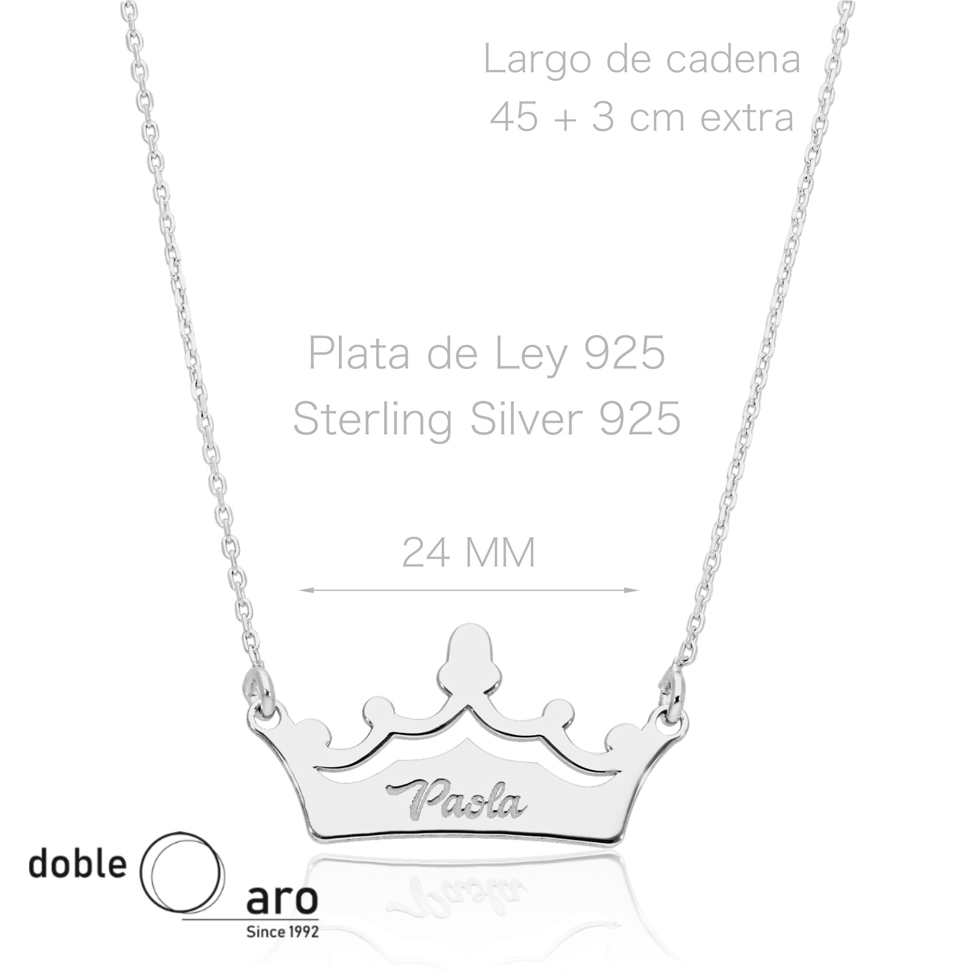 Colgante Corona Personalizado - Plata de Ley 925/1000 para Mujer o Niña con Cadena Forzada en 45cm + 3cm de Alargador – Collar Crown Artesanal (Plata de Ley)