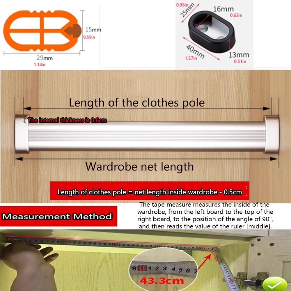 Aluminum Closet Rod Cuttable Closet Rods Oval Closet Pole for Heavy Clothes, 16in -48in Closet Hanging Rod Side Mount Closet Poles, Custom Size(Black,47.2in(120cm))