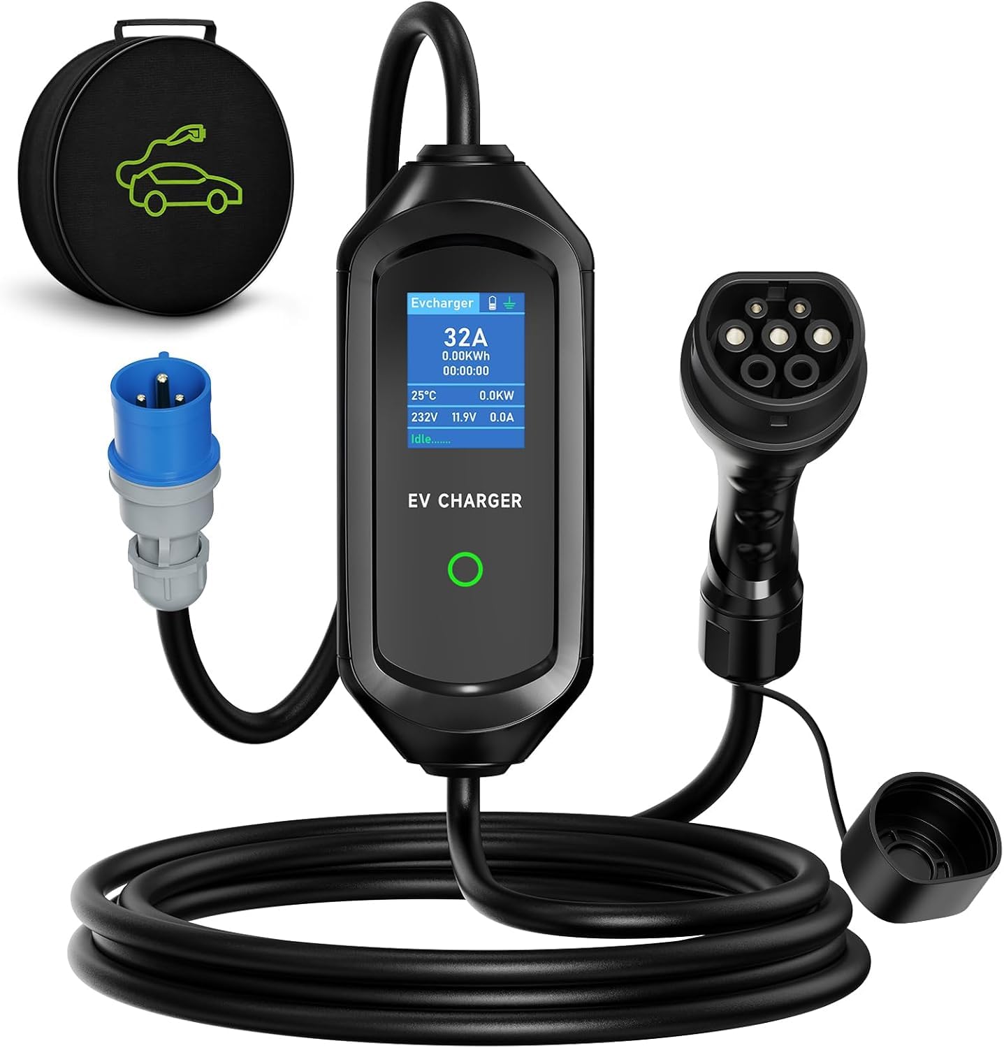 Cable de Carga Tipo 2, 7 kW, Caja de Pared móvil, 5 m, 6-32 A, Cable de Carga de 1 Fase, Conector CEE, Cargador EV portátil con Potencia de Carga Ajustable y función de Temporizador, para EV