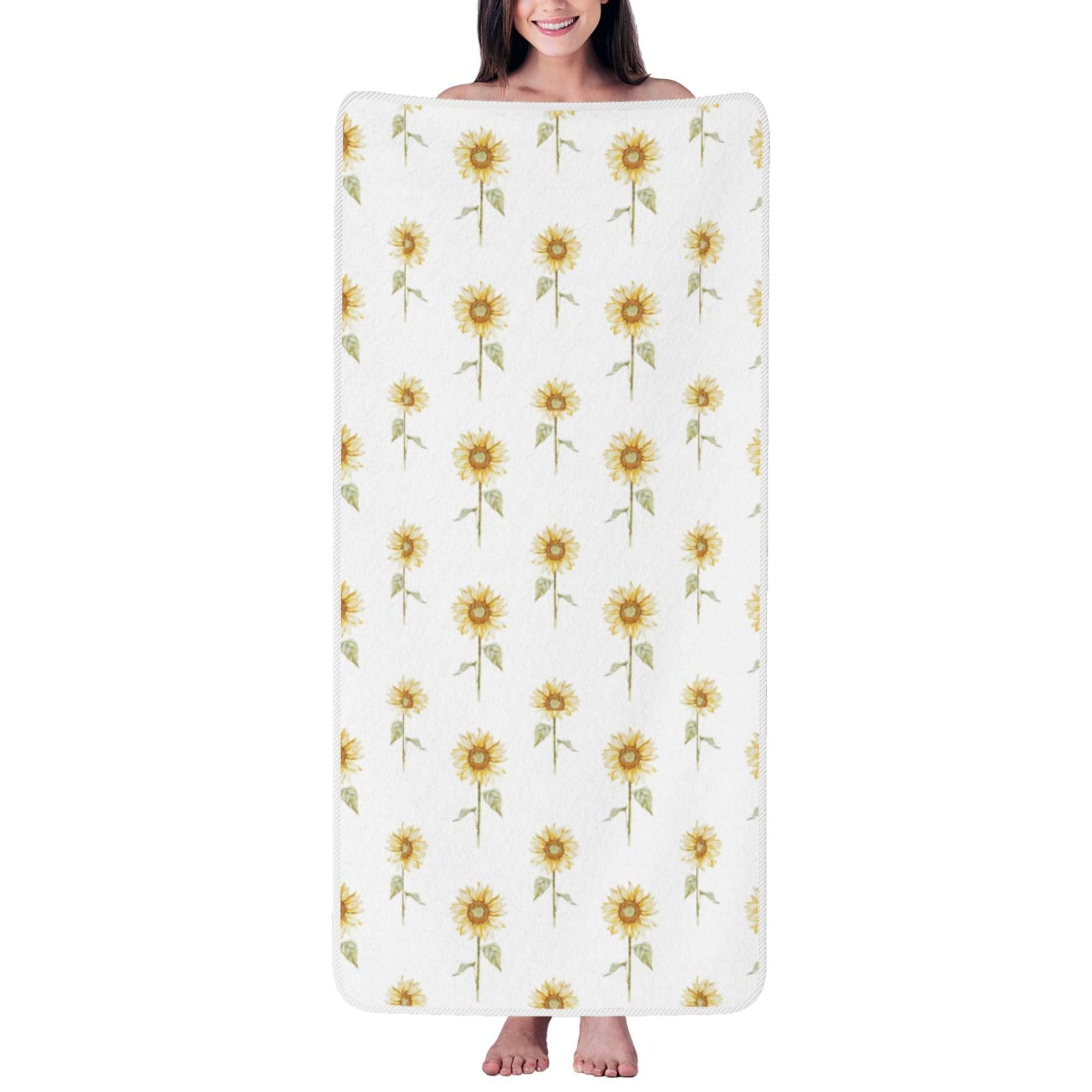Ztpowqa Women's White Blossoming Sunflowe Print Coral Velvet Bath Towel For Home Gym Lounging Bathroom Spa Hotel Beach Travel