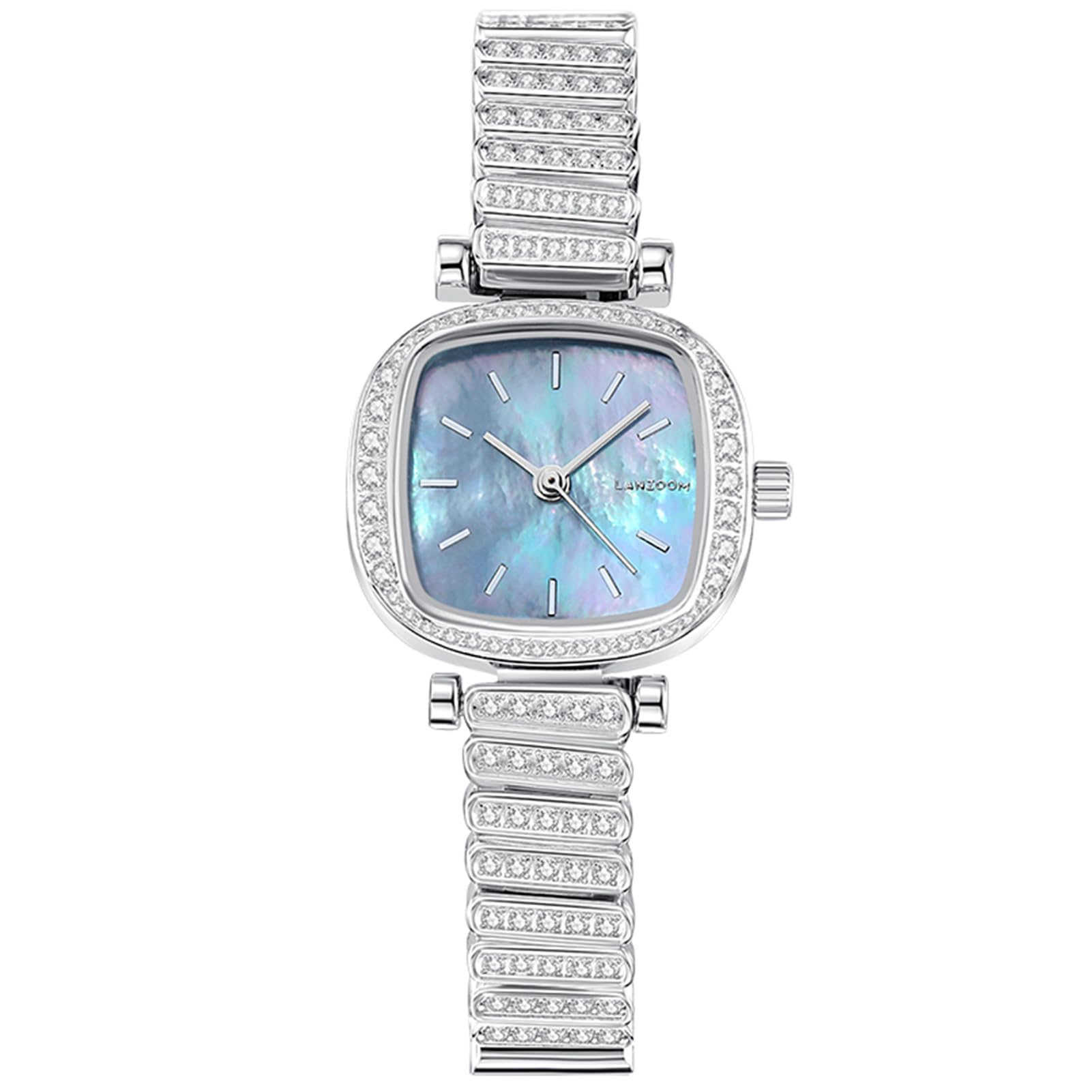 LANZOOM Diamant-Uhren für Damen, Gehäuse und Armband aus 316L-Edelstahl, Damenuhren mit blauem Perlmutt-Zifferblatt, silberfarbene Uhr, luxuriös, modisch, lässig, silber/blue
