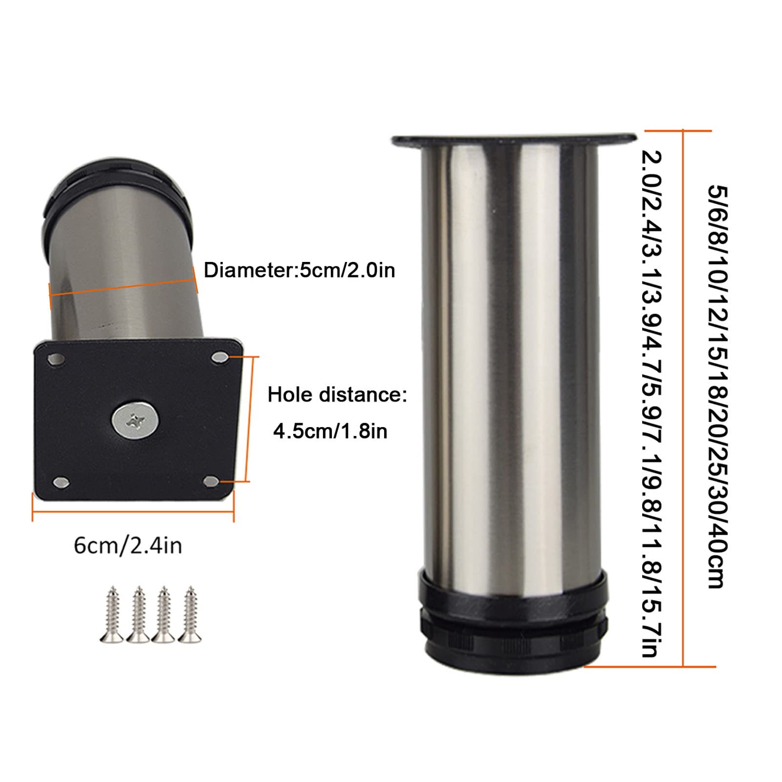 Verstelbare tafelpoten van roestvrij staal, metale 4 stuks zware roestvrijstalen meubelpoten, verstelbare metalen poten, ronde kastpoten, for salontafel, bureau, bank, met schroeven, 5 cm(15cm(5.9in
