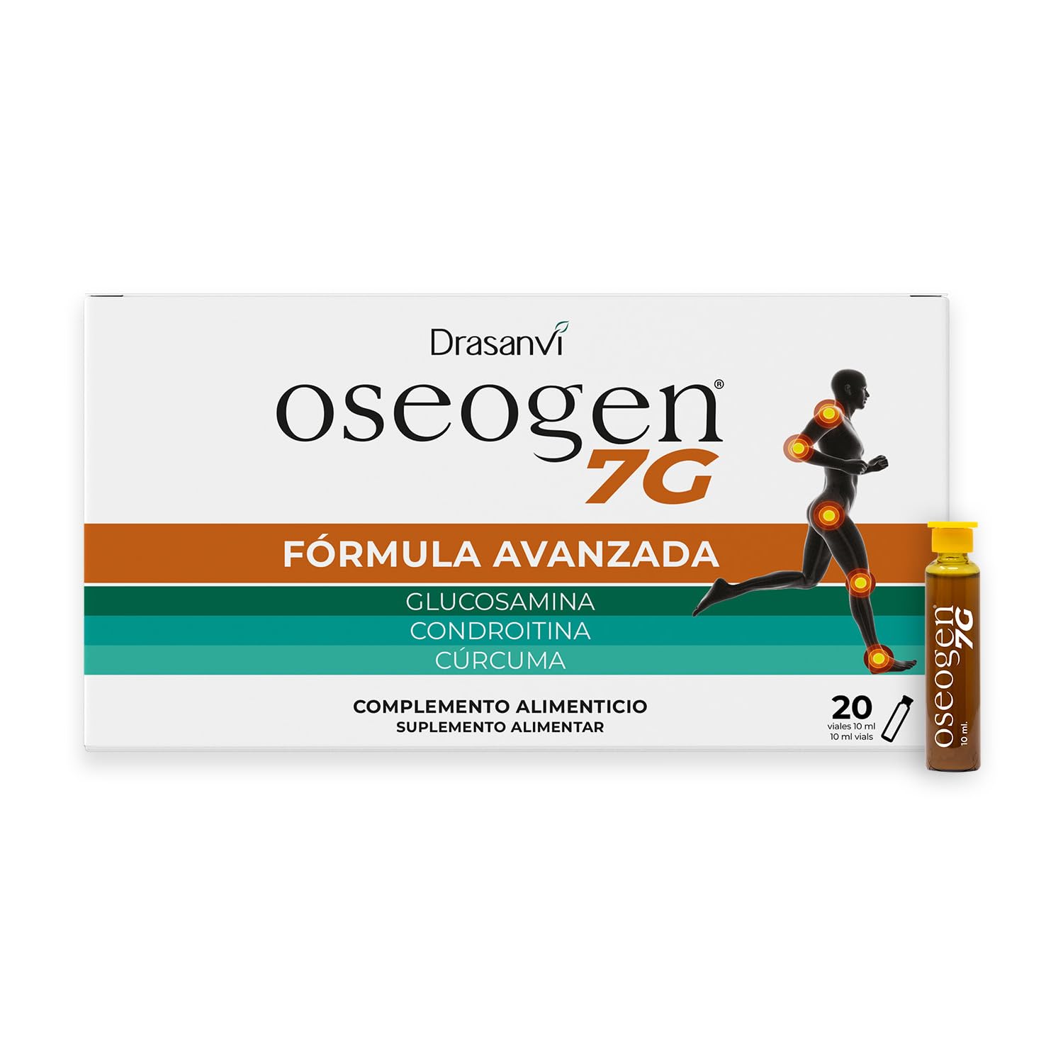 Drasanvi OSEOGEN 7G con Cissus Vitis, Condroitina, Glucosamina, MSM y Cúrcuma para Huesos, Cartílagos y Articulaciones,ayuda en la Regeneración de Tejidos Dañados, 20 Viales = 20 Días, Sabor Naranja