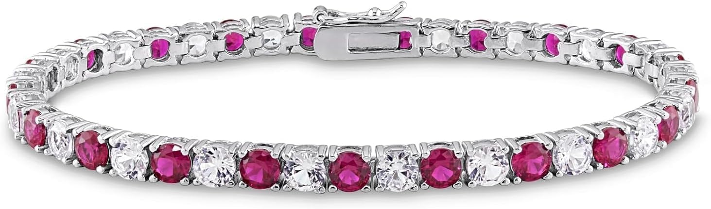 Sterling Silver Lab Created Ruby and White Diamond Tennis Bracelet, 8.00 CT, 14K White Gold Finish, 7 Inch