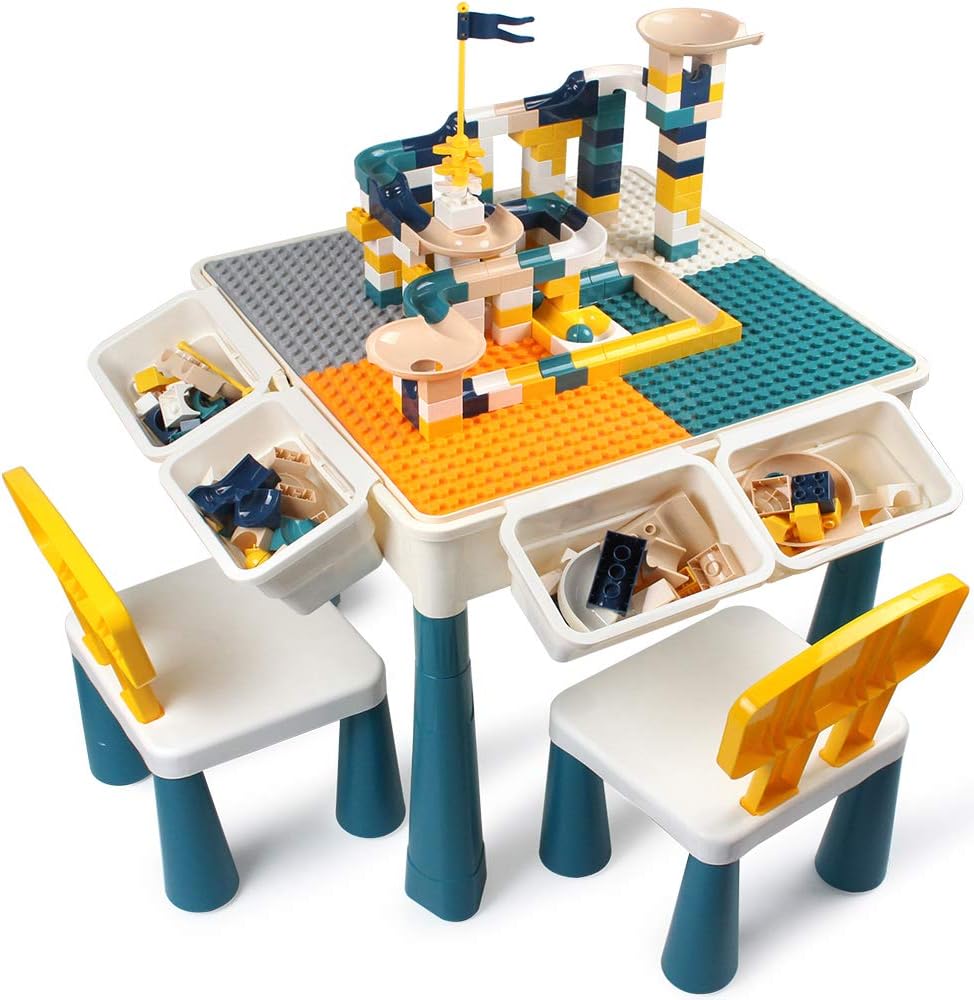 Kids Table Set with Marble Runs, Toddler Table All-in-One Multi Activity Playset, Toddler Toys Building Blocks for Learning & Playing, Water & Sand Game
