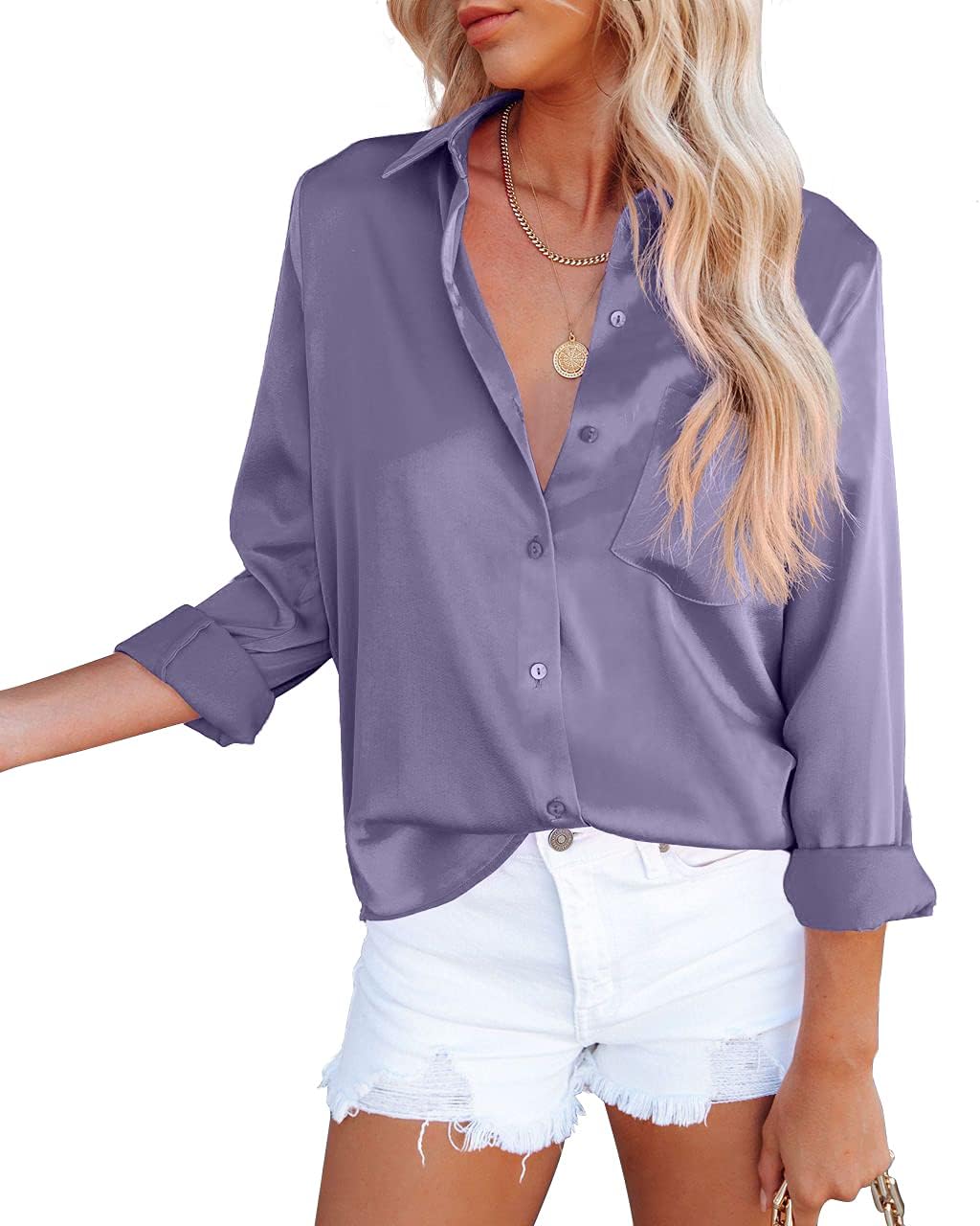 OMSJ Women's Button Down Shirts Satin V Neck Long Sleeve Casual Work Blouse Tops with Pocket - Image 2