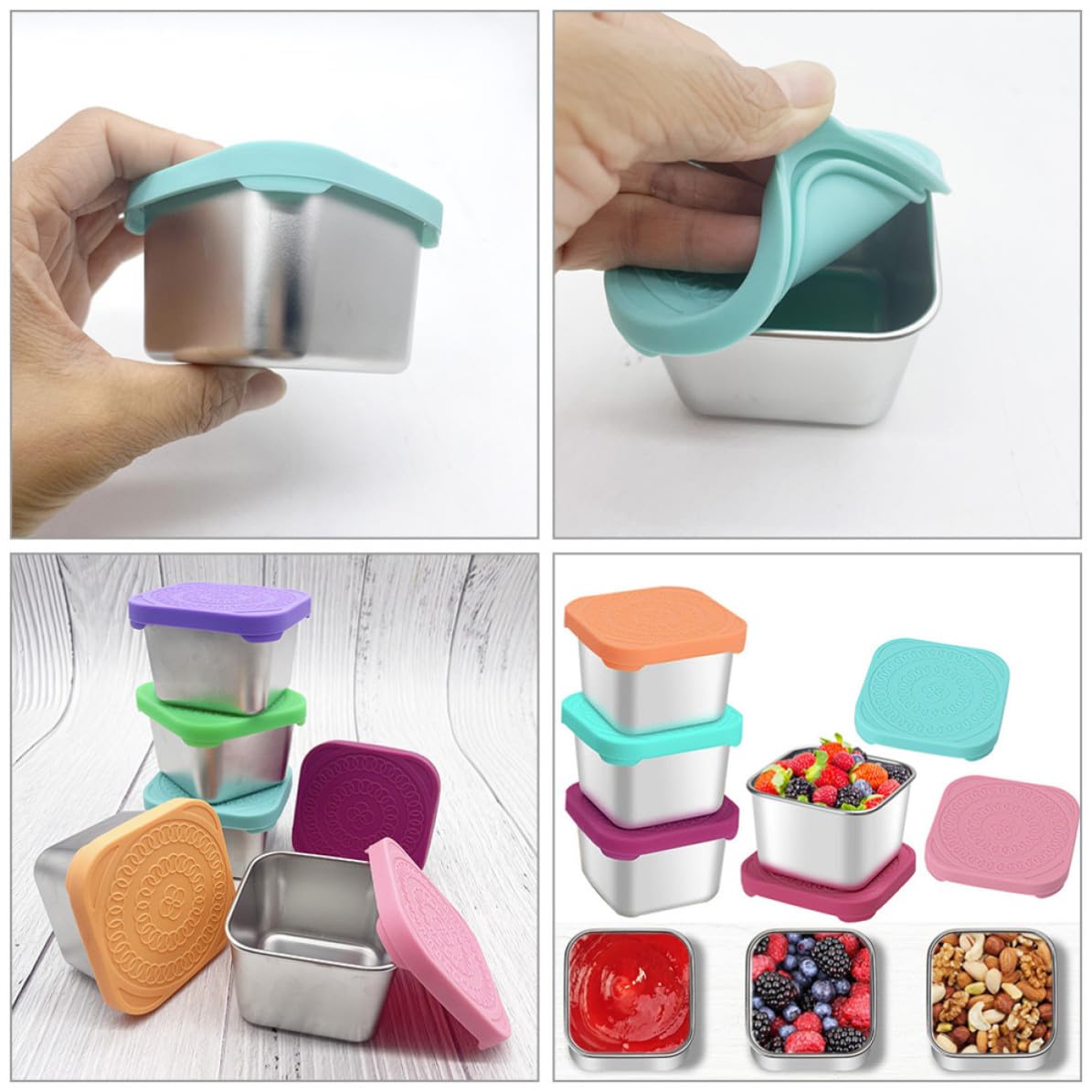 BETOOKY Juego de 4 Recipientes para Salsas con Tapa de Silicona, Acero Inoxidable, Herméticos y Preservan Frescura para Almacenar Salsas y Snacks