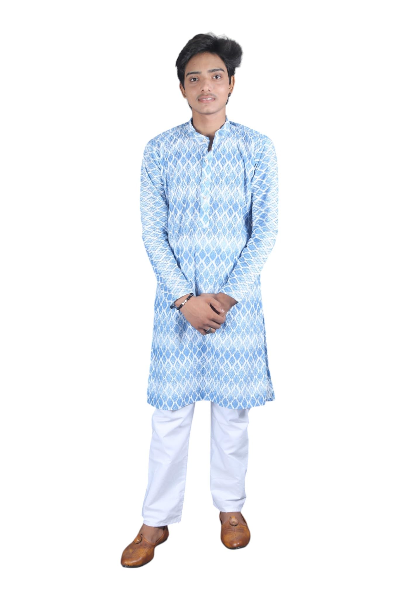 Men's Traditional Blue and White Kalamkari Print Kurti-Pajama Ensemble With Belt-image-4