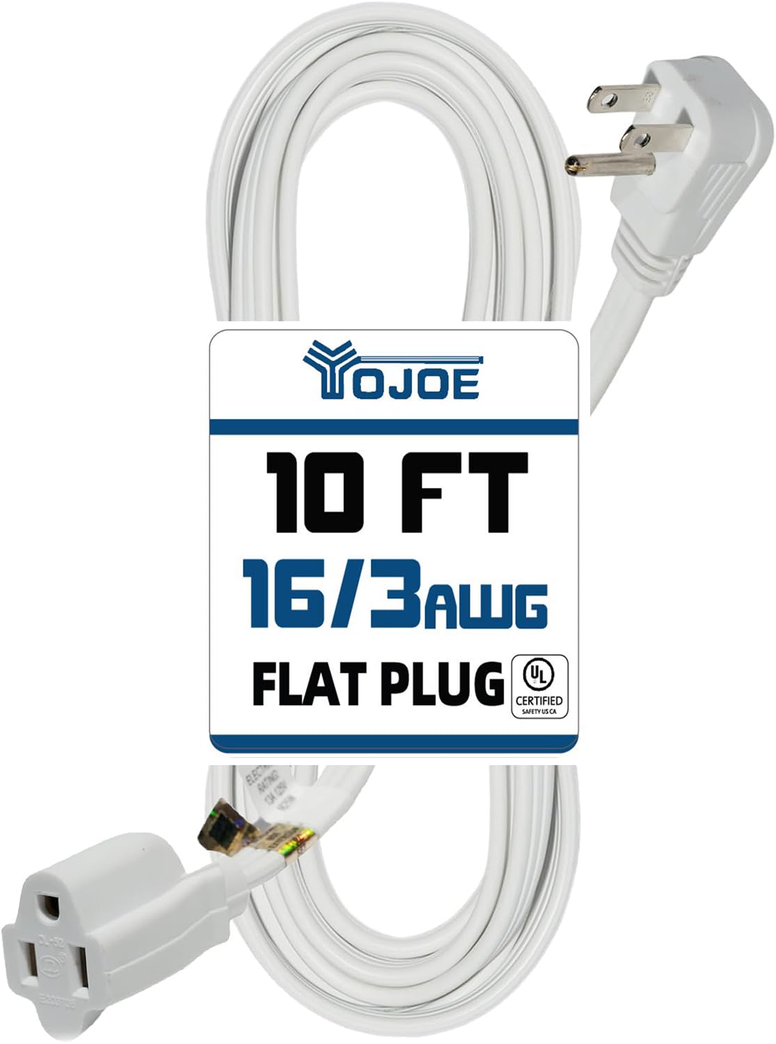 YOJOE Indoor Extension Cord, 3 Prong Grounded 13A Power Cord, 16 Gauge Heavy Duty 10 ft White Flat Plug Extension Cord for Home, Office, 16/3 SPT-3 UL