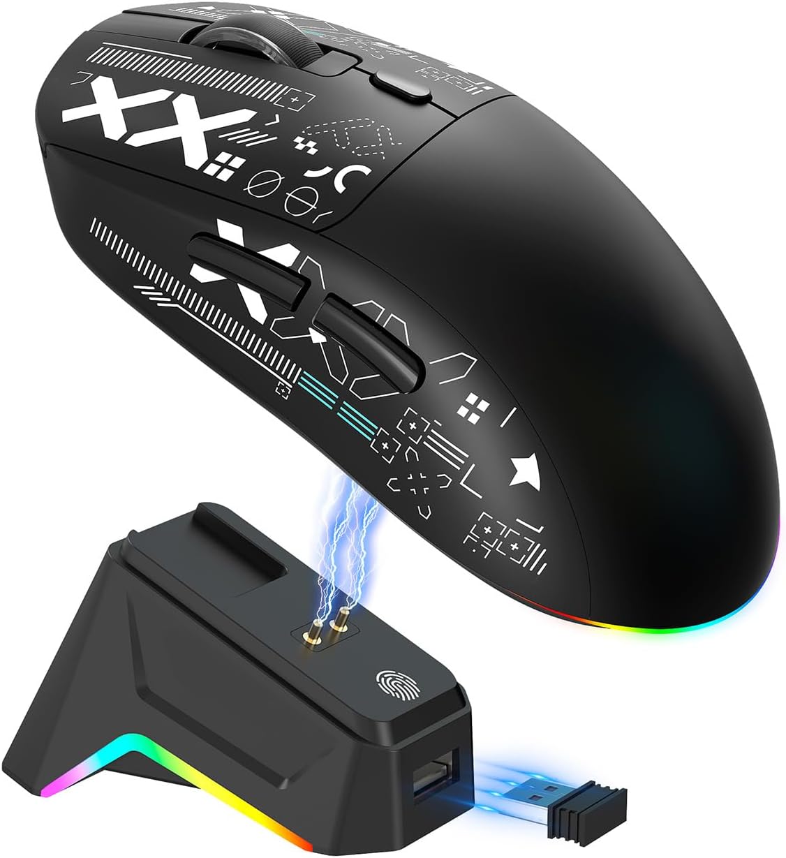 Bewinner Wireless Gaming Mouse with Magnetic Charging Dock, Tri-Mode Bluetooth 2.4G Wired Connection, 12000 DPI RGB Optical Sensor, 7 Programmable Buttons - Silent (Black)