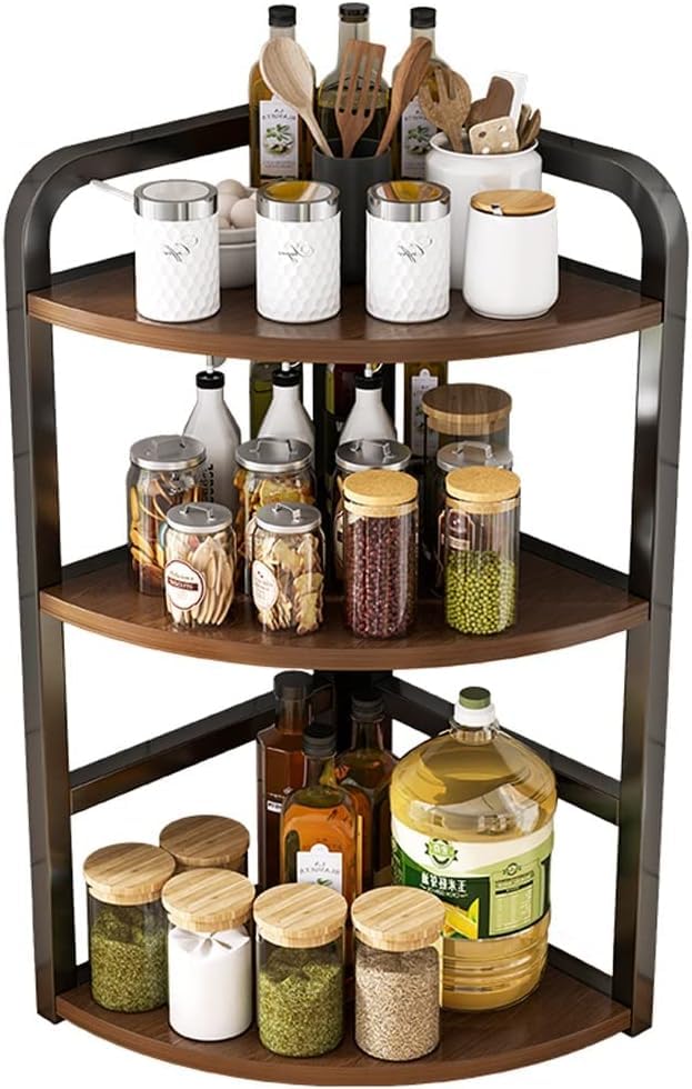 Image of Spice Rack Organizer for Kitchen Countertop, Metal Kitchen Storage Shelf with Wooden Shelves, Pantry Cabinet Organizer for Spice Jars, Oil Bottles, Seasonings, Condiments (Corner, 3-Tier)