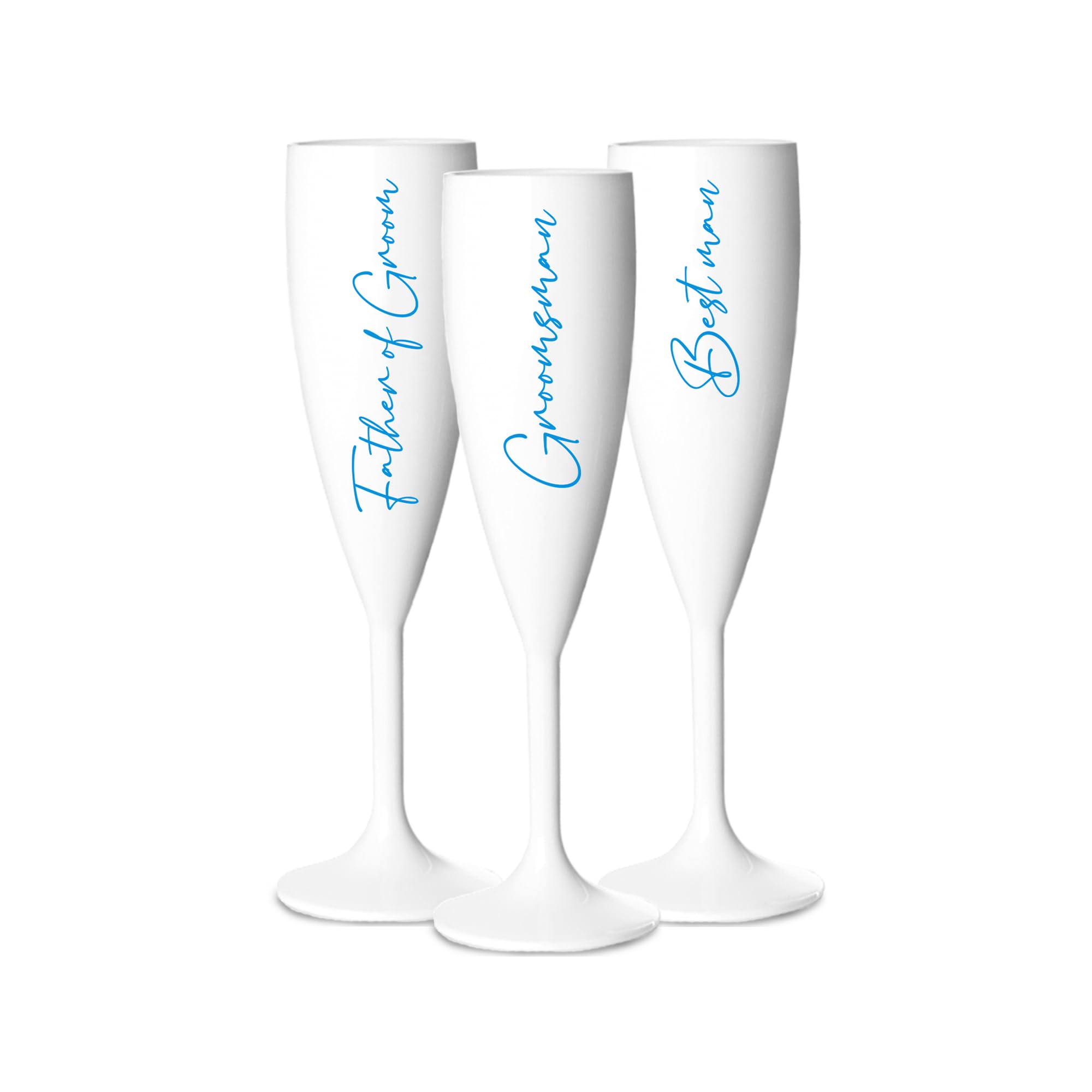 Print Maniacs Champagne Premium White Flute Glass Bride Groom Mr Mrs Wedding Maid Honour Wine Cocktail Prosecco Celebrations Gift (Blue, Set of 3 Grooms Side)