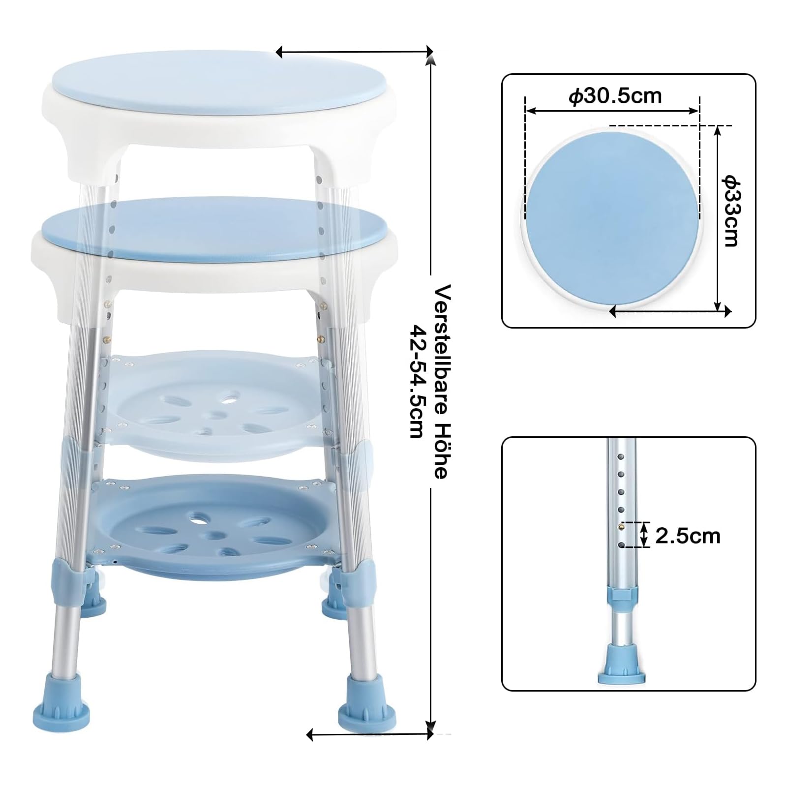 LILIIN Krzesło prysznicowe z tacą, obracany o 360° taboret prysznicowy, regulacja wysokości 42-54 cm, antypoślizgowe siedzisko łazienkowe z aluminium i tworzywa sztucznego, pomoc pod prysznic dla