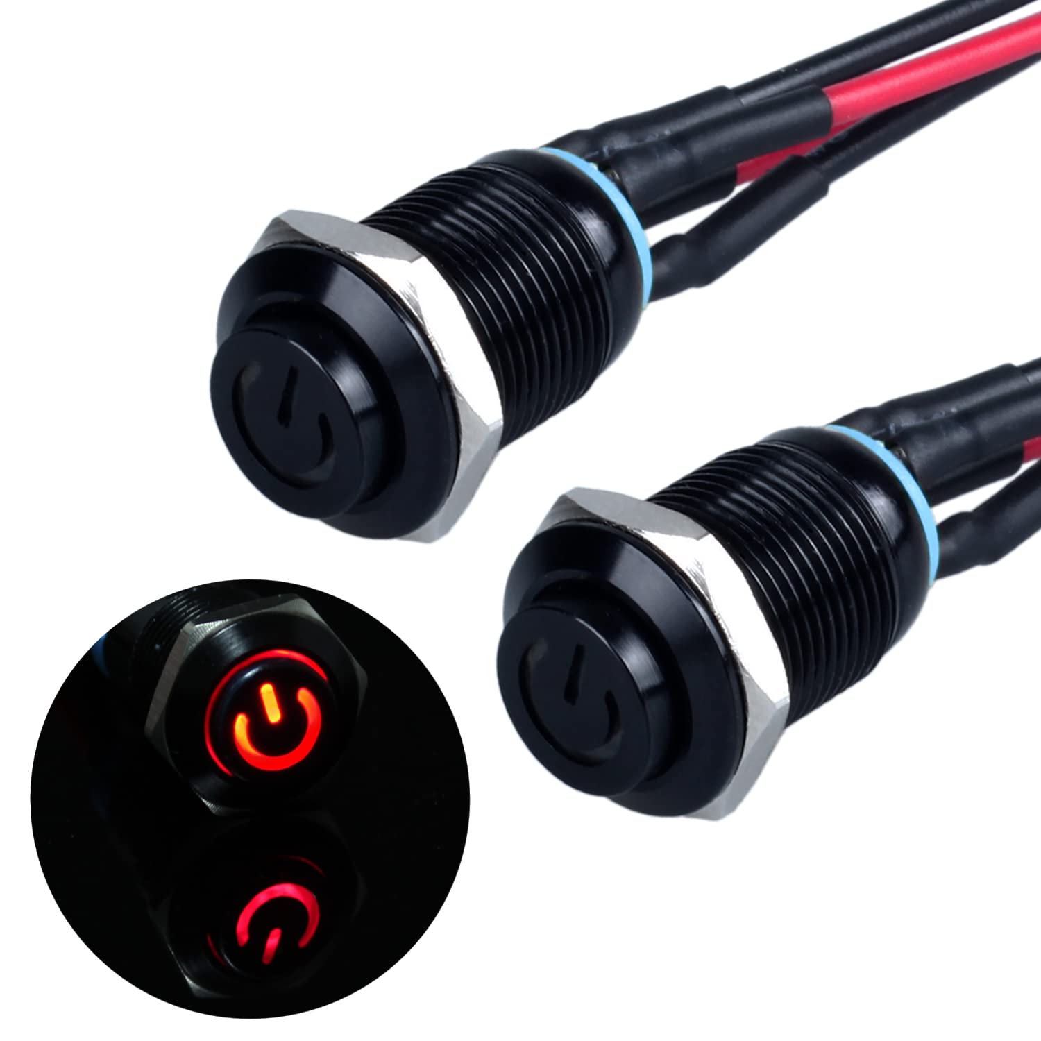 JIQI2 x 12 mm Momentary Waterproof Pressure Switch 12 V to 24 V 2 A IP66 Button with LED Lighting Black Metal Housing Momentary Push Button with Connection Wires for DIY Car (High Head, Red)