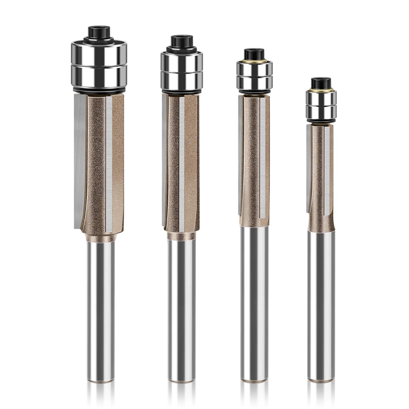 Mesee 4Pcs Top Bearing Flush Trim Router Bit Set 1/4" Shank 3-Flute Flush Trim Bits with Double Bearings Woodworking Carbide Tipped Triple Flute Template Pattern Trimming Cutter