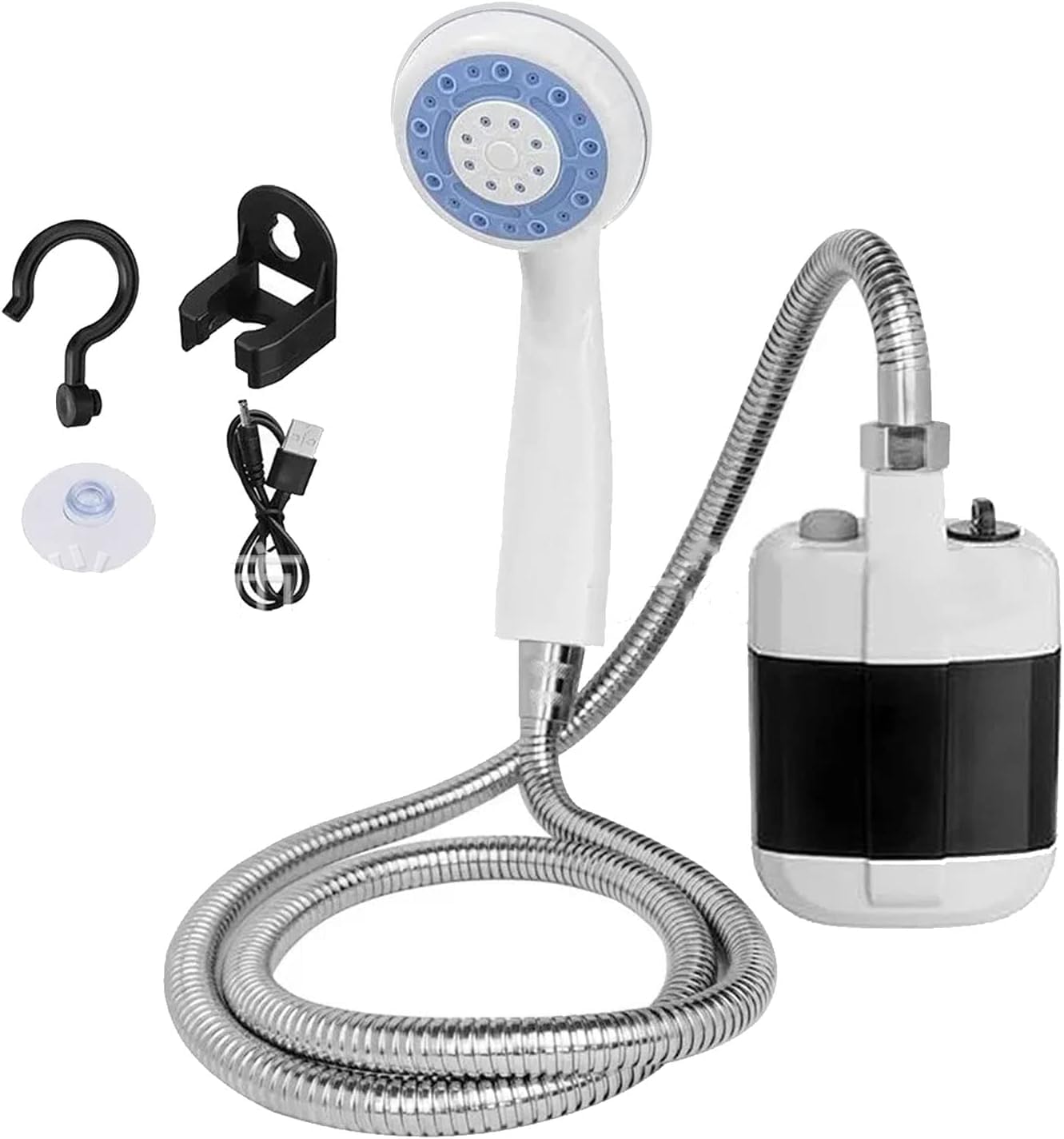 Portable Outdoor Shower, Electric Water Saving Shower, Powered Shower Pump for Hiking Backpacking Camping Travel Beach Pets Watering F Shower Head with Handheld Sprayer, Stainless Steel, White