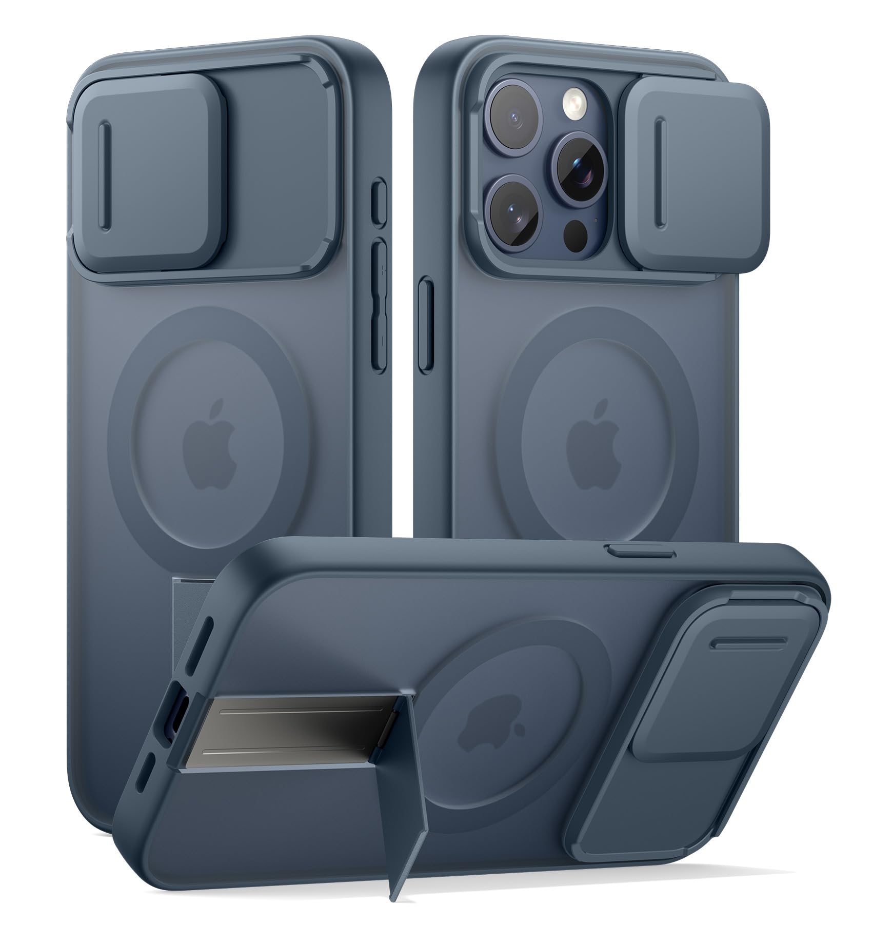 SURITCH for iPhone 15 Pro Max Case, Compatible with MagSafe, Built-in Kickstand & Camera Cover & Translucent Back, Shockproof Rugged Protective Phone Cover 6.7 Inch, Blue