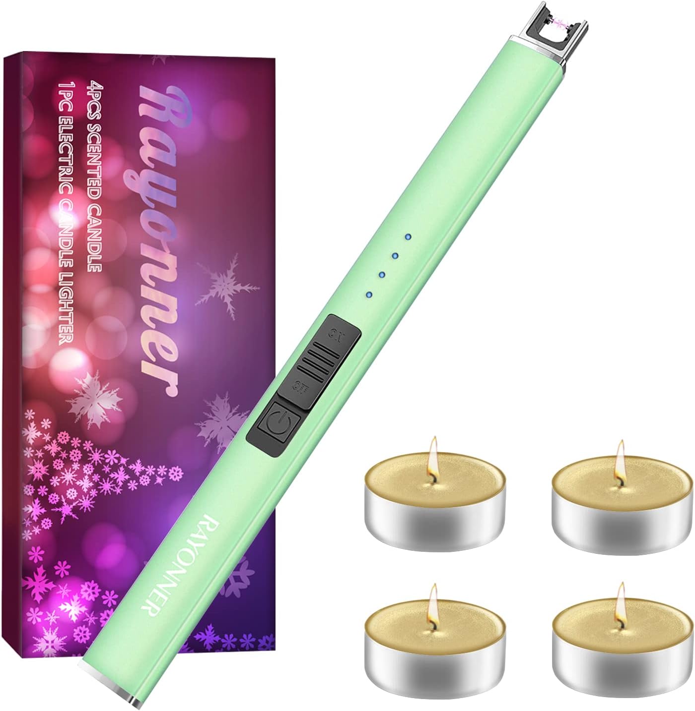 RAYONNER Lighter with Tea Light Candles Electric Candle Lighter USB Lighter Gift Set (1Count, Light Green) : Health & Household