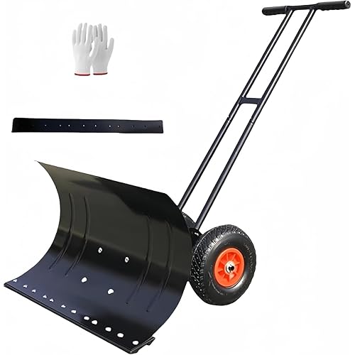 Snow Shovel with Wheels, 39X10inch Angled Steel Blade，Heavy-Duty Snow Shovel Pusher and Plow with Height Adjustable Handle for Driveway and Efficient Snow Removal