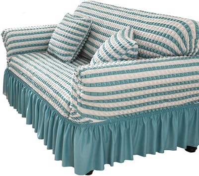 Sofa Cover, Stretch Couch Slipcover with Skirt Fitted Couch Cover, 1 2 3 4 Seater Slipcover Couch Covers, Washable High Elastic Durable Seersucker Fabric. Blue,2 Seater/Loveseat