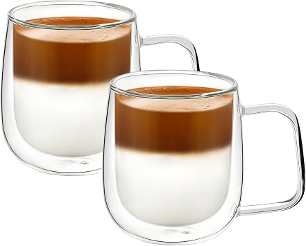 VKCHEF Double Wall Glass Cup, 12.2 fl oz 360 ml, Double Wall Construction, Heat Resistant Glass, Tea Cup, Tumbler, Insulated, Cold Retention, Cold Retention, Handle, For Drinks, Tea, Coffee Cup, Stylish, Set of 2 Tableware, Office, Home Use, Gift